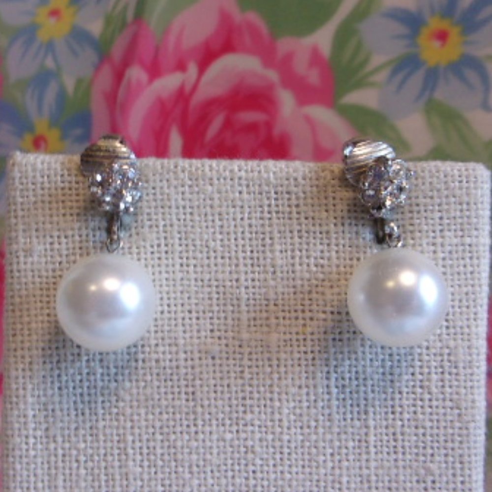 Faux Pearl Bead Rhinestone Accent Clip Earrings Vintage
